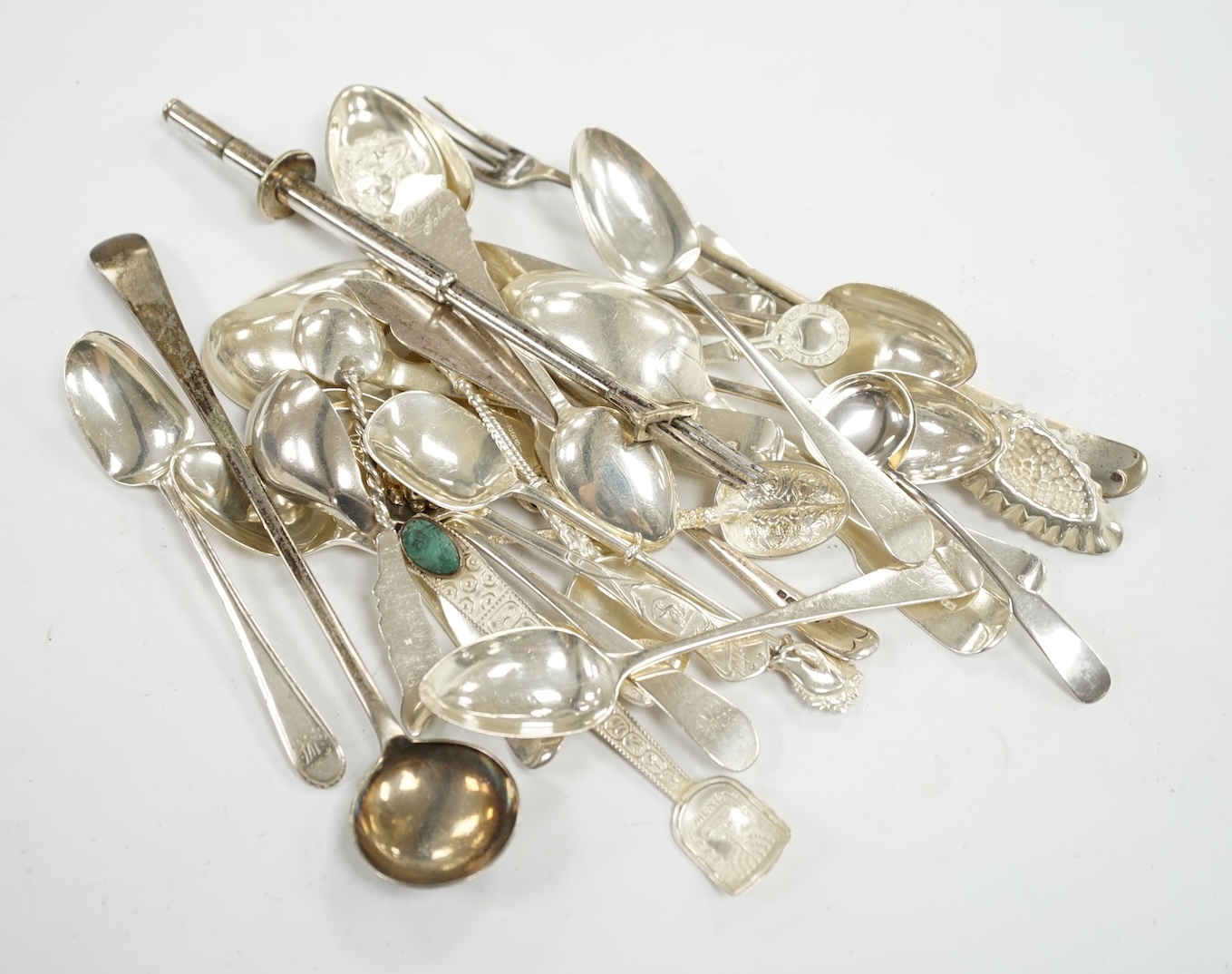 A group of assorted Georgian and later silver and 925 teaspoons etc, 12oz and five plated items. Condition - poor to fair